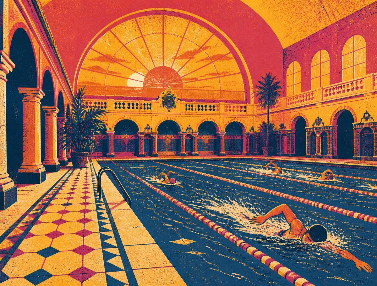 Illustration of swimmers doing laps in a grand historic public pool