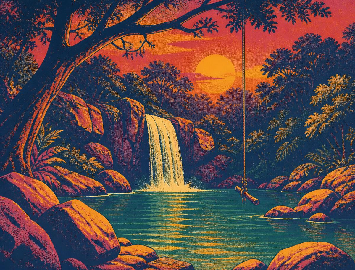 Illustration of a hidden waterfall swimming hole with a rope swing